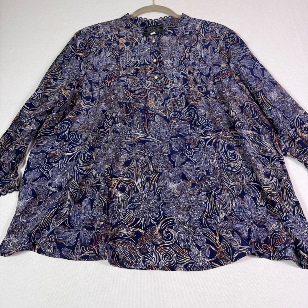 Johnny Was Shades of Silk Blouse L Blue Floral Paisley Scalloped Pearl Button - Picture 5 of 16